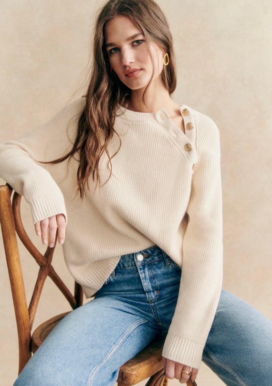 Sezane Gary Ecru Cotton French Casual Jumper Sweater Size Large NWT